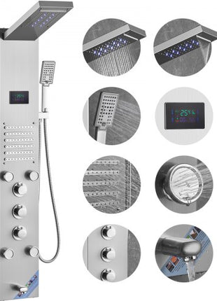 Shower Panel System, 6 Shower Modes, LED & Screen Hydroelectricity Shower Panel Tower, Rainfall, Waterfall, 5 Massage Jets, Tub Spout, Handheld Shower, Stainless Steel Wall-Mounted Shower Set