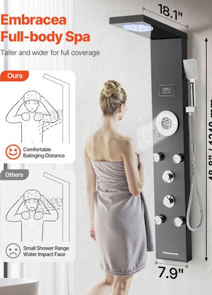 Shower Panel Tower System with Rainfall Shower Head, LED, 53 in Brushed Stainless Steel Shower Column, 6-Function Faucet, Wall-Mount Rain Massage System with 5 Body Jets, Handheld, Tub Spout