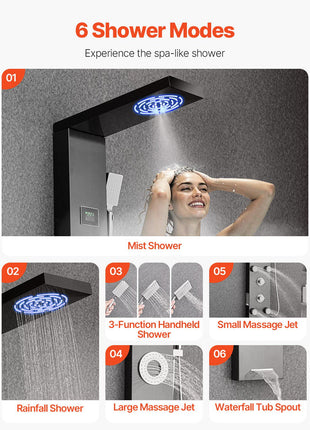 Shower Panel Tower System with Rainfall Shower Head, LED, 53 in Brushed Stainless Steel Shower Column, 6-Function Faucet, Wall-Mount Rain Massage System with 5 Body Jets, Handheld, Tub Spout