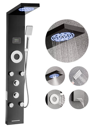Shower Panel Tower System with Rainfall Shower Head, LED, 53 in Brushed Stainless Steel Shower Column, 6-Function Faucet, Wall-Mount Rain Massage System with 5 Body Jets, Handheld, Tub Spout