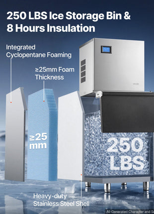 Commercial Ice Maker Machine 460 Lbs/24H Ice-Making Stainless Steel, for Bar Cafe Restaurant Business, Ice Ready in 15 Mins, Freestanding with 250 Lbs Ice Storage Bin and Auto Self-Cleaning