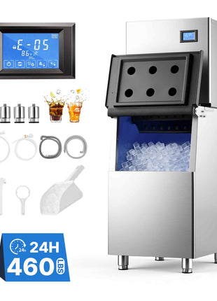 Commercial Ice Maker Machine 460 Lbs/24H Ice-Making Stainless Steel, for Bar Cafe Restaurant Business, Ice Ready in 15 Mins, Freestanding with 250 Lbs Ice Storage Bin and Auto Self-Cleaning