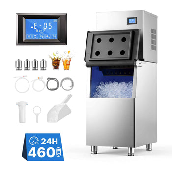 Commercial Ice Maker Machine 460 Lbs/24H Ice-Making Stainless Steel, for Bar Cafe Restaurant Business, Ice Ready in 15 Mins, Freestanding with 250 Lbs Ice Storage Bin and Auto Self-Cleaning