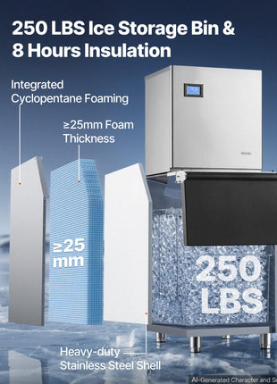 Commercial Ice Maker Machine 560 Lbs/24H Ice-Making Stainless Steel, for Bar Cafe Restaurant Business, Ice Ready in 15 Mins, Freestanding with 250 Lbs Ice Storage Bin and Auto Self-Cleaning