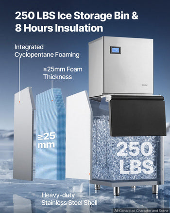 Commercial Ice Maker Machine 560 Lbs/24H Ice-Making Stainless Steel, for Bar Cafe Restaurant Business, Ice Ready in 15 Mins, Freestanding with 250 Lbs Ice Storage Bin and Auto Self-Cleaning