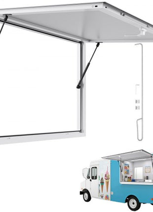 Concession Window 53x33 in, Aluminum Alloy Frame Service Window for Food Truck, Up to 85 Degrees Stand Serving Window with Awning Door and Drag Hook, Rainwater Resistant for Concession Trailers