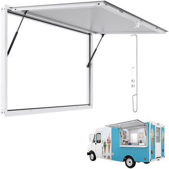 Concession Window 60x36 in, Aluminum Alloy Frame Service Window for Food Truck, Up to 85 Degrees Stand Serving Window with Awning Door and Drag Hook, Rainwater Resistant for Concession Trailers