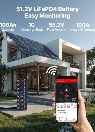 48V 100Ah LiFePO4 Lithium Battery, Built-in 100A BMS, 51.2V Server Rack LiFePO4 Battery with Bluetooth, 5.12kWh Capacity, Max 6000 Cycles, LCD Display, for Off-Grid, Solar System, Backup Power