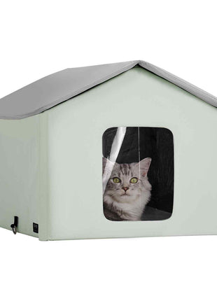 Heated Cat House, Outdoor Kitty Shelter with Adjustable Temperature and Timer, 600D Oxford Cloth Foldable Cat Shelter with Heated Pad  for Winter to Stay Warm and Cozy, Green (Middle)