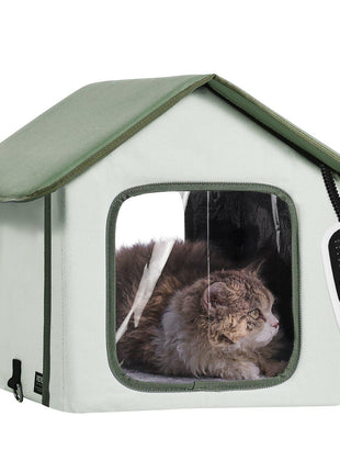 Elevated Heated Cat House, Outdoor Kitty Shelter with Timer, 600D Oxford Cloth Foldable Cat Shelter with Heated Pad for Winter to Stay Warm and Cozy, Green (Small)
