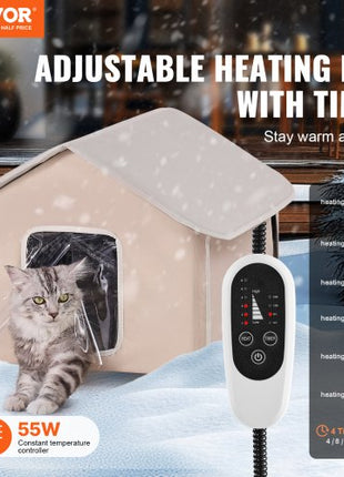 Elevated Heated Cat House, Outdoor Kitty Shelter with Timer, 600D Oxford Cloth Foldable Cat Shelter with Heated Pad for Winter to Stay Warm and Cozy, Brown (Middle)