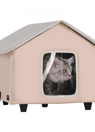 Elevated Heated Cat House, Outdoor Kitty Shelter with Timer, 600D Oxford Cloth Foldable Cat Shelter with Heated Pad for Winter to Stay Warm and Cozy, Brown (Middle)