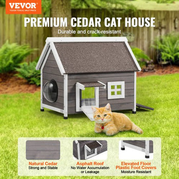 Outdoor Cat House Weatherproof, Feral Cat Shelter for Multiple Cats, Outdoor Wooden Cat House with Large Side Door, PVC Door Flaps, Open Roof, Clear Window, 22"L x 30"W x 26"H
