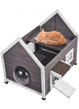Outdoor Cat House Weatherproof, Feral Cat Shelter for Multiple Cats, Outdoor Wooden Cat House with Large Side Door, PVC Door Flaps, Open Roof, Clear Window, 22"L x 30"W x 26"H