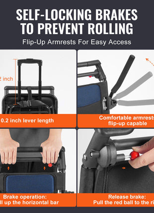Wheelchair, Aluminum Alloy Ultra-Lightweight Transport Chair for Adults, Foldable Cabin Wheelchair with Flip-Back Desk-Length Arms, Self-locking Brake, 15.75-Inch Wide Seat, 220lbs Load
