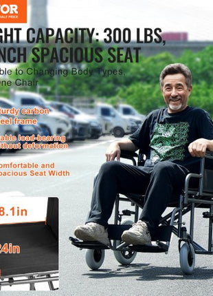 Wheelchair, Carbon Steel Transport Chair for Adults, Foldable Wheelchair with Detachable Armrest, Self-locking Brake, 24-Inch Wide Seat, 300lbs Weight Capacity, for the Disabled Move Freely