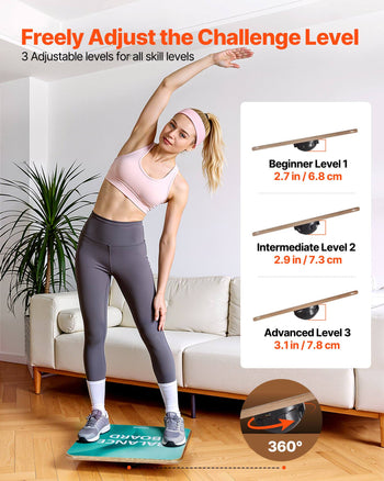 Balance Board, 360° Rotating Wobble Board Trainer for Adults 3-Level Adjustable, Wooden Balance Training Equipment, Slip-Resistant Surface for Core Workout, Standing Desk Exercise, Home Gym