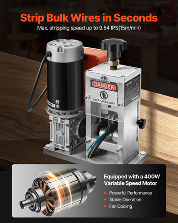 Electric Wire Stripping Machine, 0.06-1.57 in, 400W Automatic Motorized Cable Stripper, 9.84 IPS (15 m/min) Wire Peeler with Blades, V-Shaped Rollers, Cooling Fan, for Scrap Copper Recycling