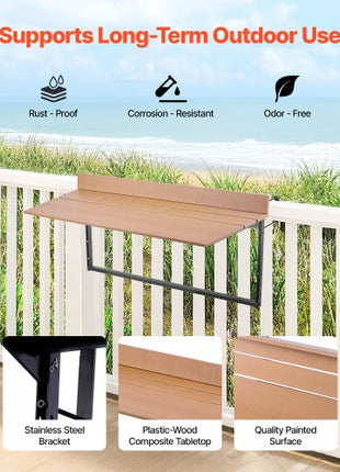 Balcony Hanging Table, 15 x 39 in Folding Balcony Railing Table, Outdoor Balcony Bar Table for Railings, 5-Level Adjustable, Fit Railing from 1" to 5.3", Serving Table for Patio & Deck