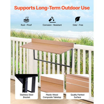 Balcony Hanging Table, 15 x 39 in Folding Balcony Railing Table, Outdoor Balcony Bar Table for Railings, 5-Level Adjustable, Fit Railing from 1" to 5.3", Serving Table for Patio & Deck