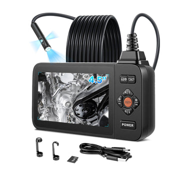 Triple Lens Endoscope with Light, 4.5" HD IPS Screen Industrial Borescope Camera, 8 + 2 Lights, 8X Zoom, IP67 Waterproof Inspection Snake Camera for Automotive, Plumbing (16.4FT Rigid Cable)