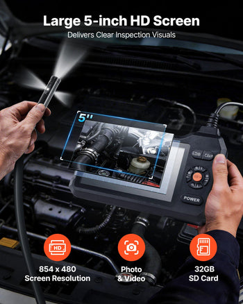 Triple Lens Endoscope with Light, 5" HD IPS Screen Industrial Borescope, 1280 x 720 Lens, 8 + 2 LEDs, 8X Zoom, IP67 Waterproof Inspection Snake Camera for Auto, Plumbing (16.4FT Rigid Cable)