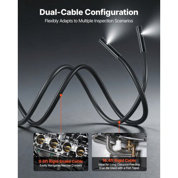 Triple Lens Endoscope with Dual-Cable Setup, Industrial Borescope with Light, 7" HD IPS Spilt-Screen, 8 + 2 LEDs, 8X Zoom, IP67 Waterproof Snake Camera for Auto, Plumbing (16.4FT + 9.8FT Cables)