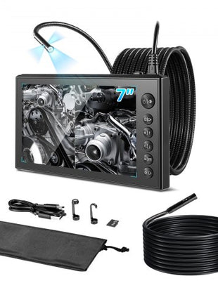 Triple Lens Endoscope with Dual-Cable Setup, Industrial Borescope with Light, 7" HD IPS Spilt-Screen, 8 + 2 LEDs, 8X Zoom, IP67 Waterproof Snake Camera for Auto, Plumbing (16.4FT + 9.8FT Cables)