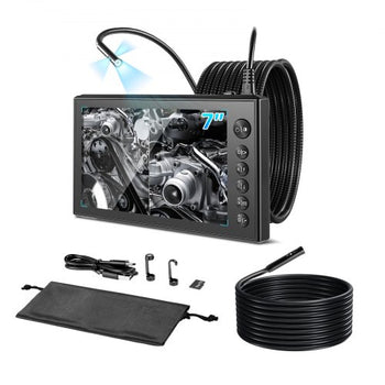 Triple Lens Endoscope with Dual-Cable Setup, Industrial Borescope with Light, 7" HD IPS Spilt-Screen, 8 + 2 LEDs, 8X Zoom, IP67 Waterproof Snake Camera for Auto, Plumbing (16.4FT + 9.8FT Cables)