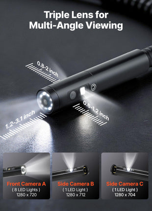 Triple Lens Endoscope with Dual-Cable Setup, Industrial Borescope with Light, 7" HD IPS Spilt-Screen, 8 + 2 LEDs, 8X Zoom, IP67 Waterproof Snake Camera for Auto, Plumbing (16.4FT + 9.8FT Cables)