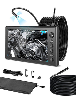 Triple Lens Endoscope with Dual-Cable Setup, Industrial Borescope with Light, 7" HD IPS Spilt-Screen, 8 + 2 LEDs, 8X Zoom, IP67 Waterproof Snake Camera for Auto, Plumbing (16.4FT + 9.8FT Cables)