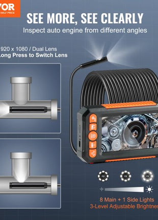 Endoscope Camera with Light, Dual Lens Borescope with 49.2FT Semi-Rigid Cable, 4.3" Screen 1080P Inspection Camera, 8 + 1 LED Lights, 4X Zoom, IP67 Waterproof Snake Camera for Auto, Plumbing
