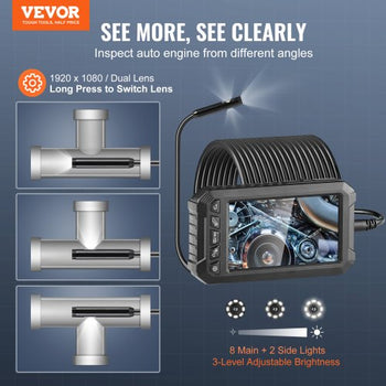 Endoscope Camera with Light, Triple Lens Borescope with 49.2FT Semi-Rigid Cable, 5" Screen 1080P Inspection Camera, 8 + 2 LED Lights, IP67 Waterproof Snake Camera for Auto, Plumbing (32GB Card)