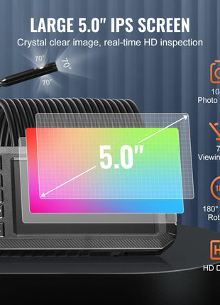 Endoscope Camera with Light, Triple Lens Borescope with 49.2FT Semi-Rigid Cable, 5" Screen 1080P Inspection Camera, 8 + 2 LED Lights, IP67 Waterproof Snake Camera for Auto, Plumbing (32GB Card)