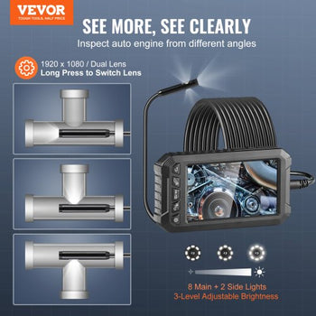 Endoscope Camera with Light, Triple Lens Industrial Borescope, 5" Screen 1080P Inspection Camera, 8 + 2 Lights, IP67 Waterproof Snake Camera for Automotive, Plumbing (16.4FT Cable, 32GB Card)