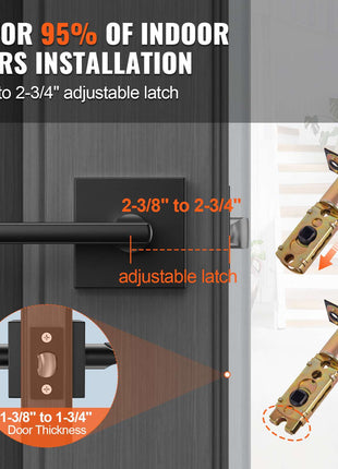 Black modern door handle set with adjustable latch for 2-3/8" to 2-3/4" door thickness, perfect for indoor use.