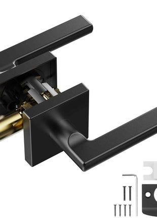 Modern black door handle set with square design, metal construction, featuring a sleek finish and installation hardware included.