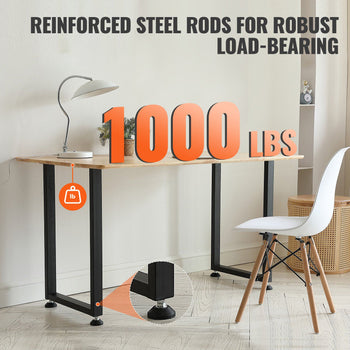 Sturdy black metal desk with reinforced steel rods and a natural wood top, supporting up to 1000 lbs. Perfect for home offices.