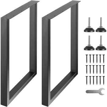 Black metal table legs with adjustable feet, screws, and a wrench for DIY furniture projects.