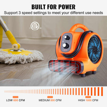 Orange heavy-duty air mover with three speeds, designed for efficient drying and ventilation. Ideal for home and commercial use.