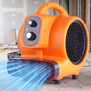 Vevor orange air mover with dual speed control for drying and ventilation in construction settings.