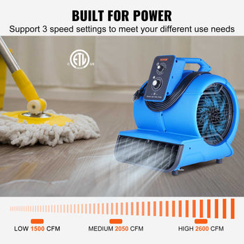 Blue powerful air mover with three speed settings, ideal for drying and cleaning tasks. Durable, lightweight design.
