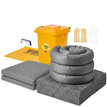 Complete Spill Absorbent Kit for Oil & Water, 40PCS Heavy-Duty Oil Absorbent Pads, 3 Socks, 2 Pillows, 5 Hazardous Material Bags, 20-Gallon Wheeled Drum for Garage Workshop Spill Control