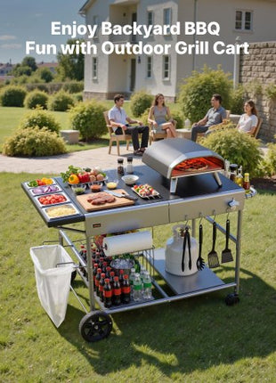 Outdoor Grill Cart, 36.4 x 23.4 x 1 inch Tabletop Size Grilling Table, Movable Outdoor Cooking Table with 4 Spice Containers, Wheels, Lids, Hooks, BBQ Prep Tables for Picnic, Kitchen, Courtyard