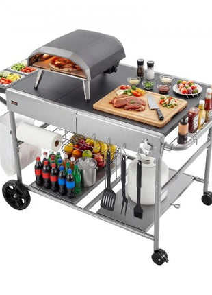 Outdoor Grill Cart, 36.4 x 23.4 x 1 inch Tabletop Size Grilling Table, Movable Outdoor Cooking Table with 4 Spice Containers, Wheels, Lids, Hooks, BBQ Prep Tables for Picnic, Kitchen, Courtyard