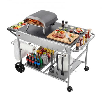 Outdoor Grill Cart, 36.4 x 23.4 x 1 inch Tabletop Size Grilling Table, Movable Outdoor Cooking Table with 4 Spice Containers, Wheels, Lids, Hooks, BBQ Prep Tables for Picnic, Kitchen, Courtyard