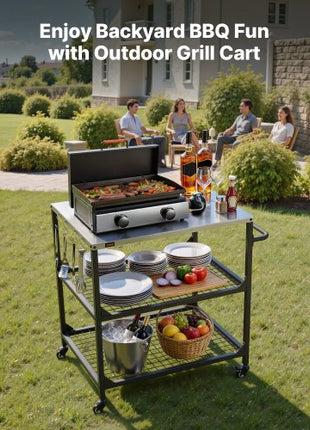 Outdoor Grill Cart, 31.5 x 24.0 inch Stainless Steel Tabletop Size Grilling Table, Outdoor Cooking Table with 4 Wheels & Side Handle, Two Mesh Shelves, BBQ Prep Tables for Patio, Garden