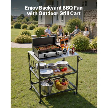 Outdoor Grill Cart, 31.5 x 24.0 inch Stainless Steel Tabletop Size Grilling Table, Outdoor Cooking Table with 4 Wheels & Side Handle, Two Mesh Shelves, BBQ Prep Tables for Patio, Garden