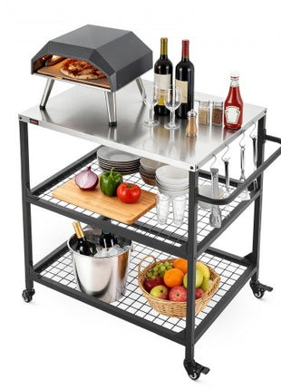 Outdoor Grill Cart, 31.5 x 24.0 inch Stainless Steel Tabletop Size Grilling Table, Outdoor Cooking Table with 4 Wheels & Side Handle, Two Mesh Shelves, BBQ Prep Tables for Patio, Garden
