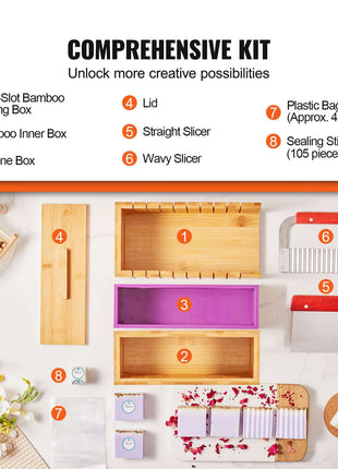 Comprehensive bamboo cutting kit with multi-slot design, includes slicers and plastic bags, perfect for creative cooking.